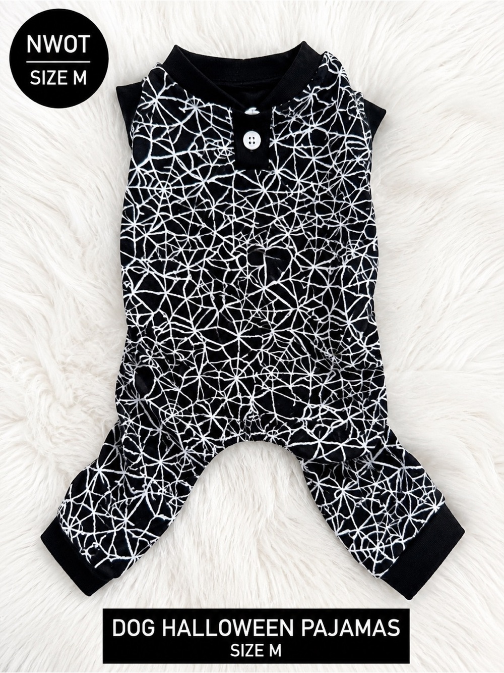 NWOT Dog Halloween Pajamas Size Medium Black Spider Web Print One Piece Pet PJs